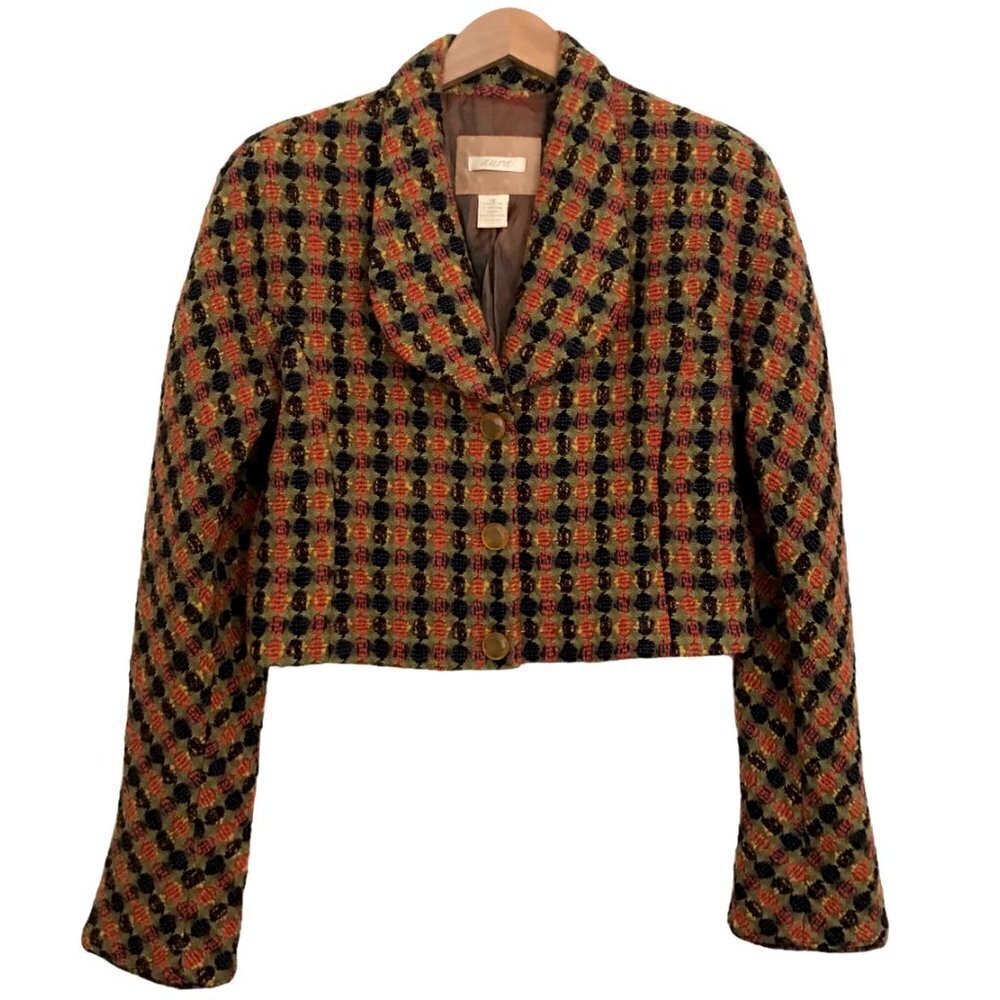 AURA Virgin Wool Blend Cropped Geometric Print Blazer Jacket